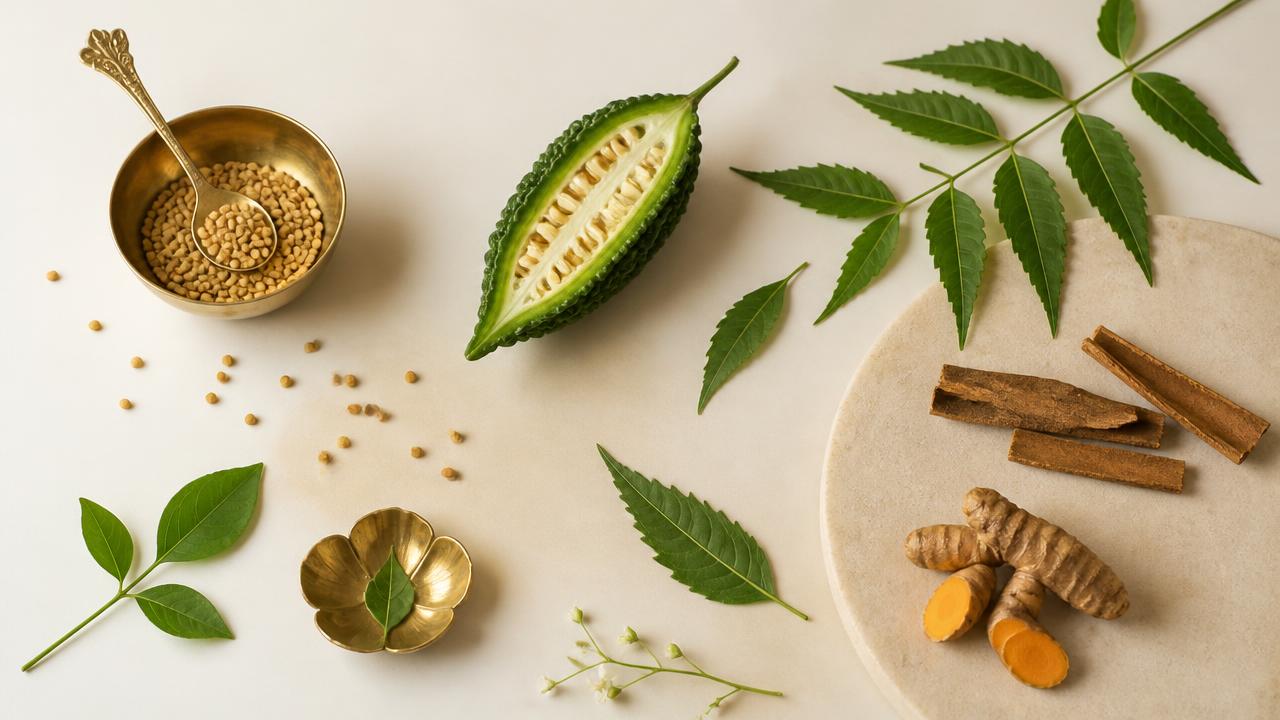 Ayurvedic botanicals including fenugreek seeds, bitter gourd, neem leaves, cinnamon and turmeric arranged on a cream surface
